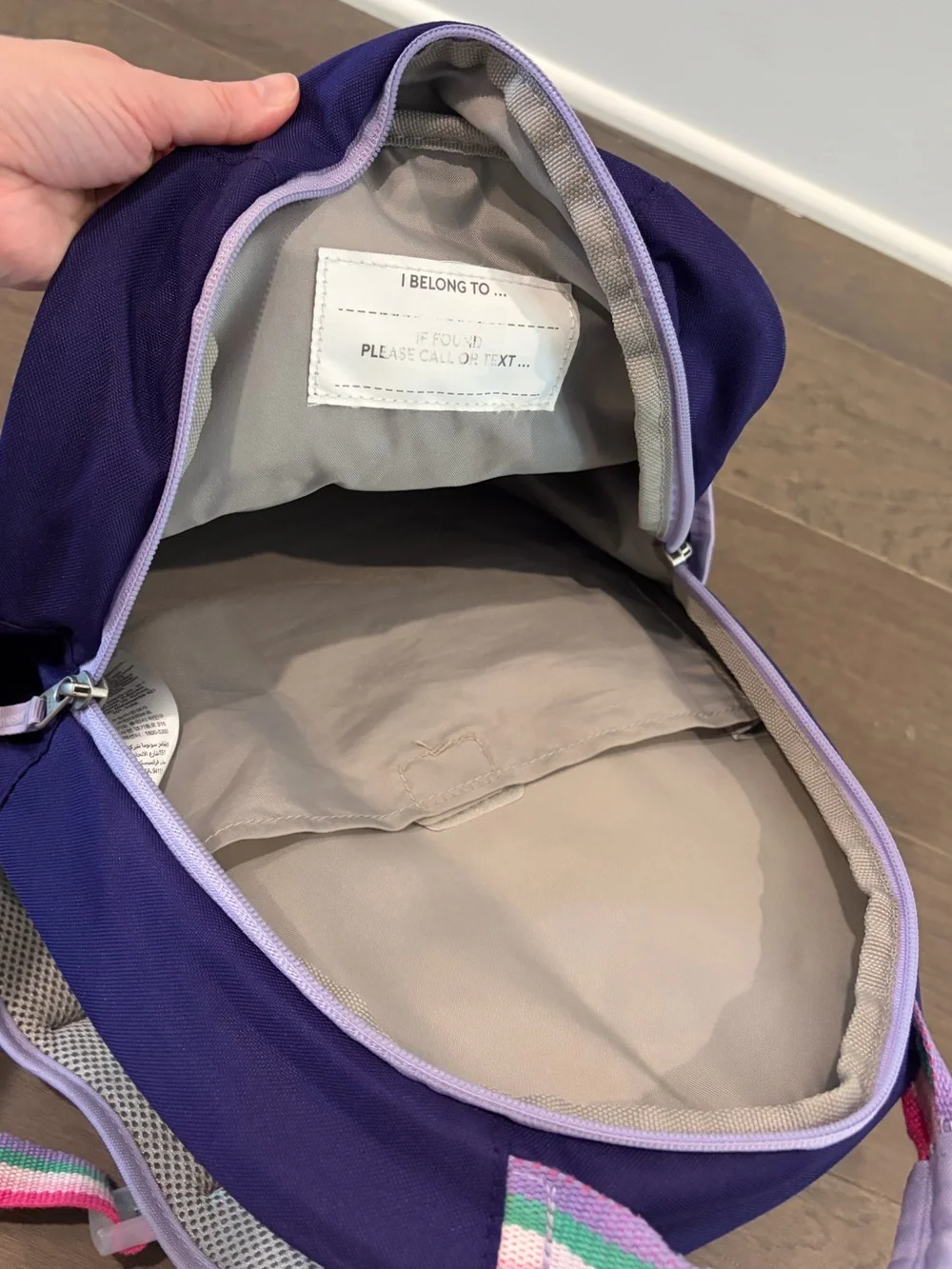 “Emily” SMALL PBK backpack, 15”, purple rainbow heart galaxy. USED
